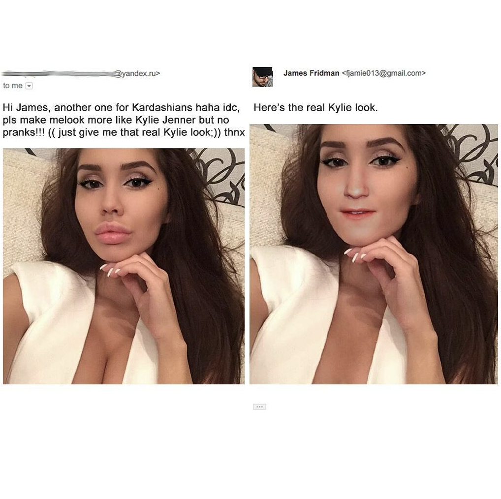 A side-by-side image typically representative of Photoshop humor. The left side shows a woman requesting to look like Kylie Jenner. The right side humorously edits her face to include the toddler Kylie from the reality show. Text from the request is shown above.