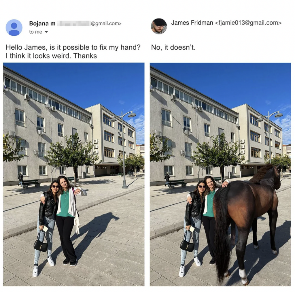 On the left, a woman and a man pose with outstretched arms. The woman expresses concern about how her hand looks. On the right, in a humorous edit, the woman's hand is replaced by a large horse's rear end.