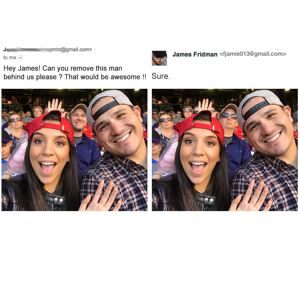 Split image: On the left, a man and woman smile at the camera in a crowded stadium, with another man clearly visible behind them. On the right, the same photo but edited so the man behind them is blending into the stand, making the background appear empty.