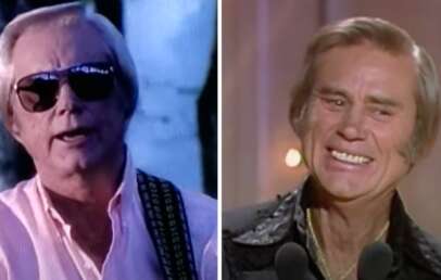 Two side-by-side images of an older man with light-colored hair. In the left image, he is wearing sunglasses and playing a guitar, dressed in a light pink shirt. In the right image, he is smiling warmly, wearing a dark, sparkly shirt against a muted background.