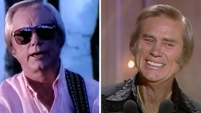 Two side-by-side images of an older man with light-colored hair. In the left image, he is wearing sunglasses and playing a guitar, dressed in a light pink shirt. In the right image, he is smiling warmly, wearing a dark, sparkly shirt against a muted background.