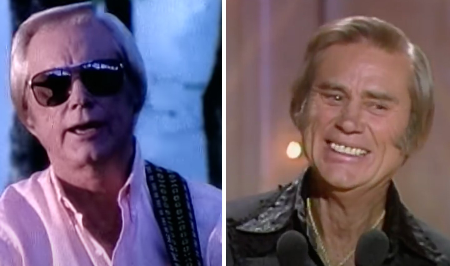 Two side-by-side images of an older man with light-colored hair. In the left image, he is wearing sunglasses and playing a guitar, dressed in a light pink shirt. In the right image, he is smiling warmly, wearing a dark, sparkly shirt against a muted background.