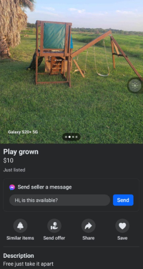 A wooden play structure with a green slide and a swing on a grassy lawn. The structure appears to need assembly or repair. The image is part of an online listing described as "Play grown" for $10, with a note stating "Free just take it apart.