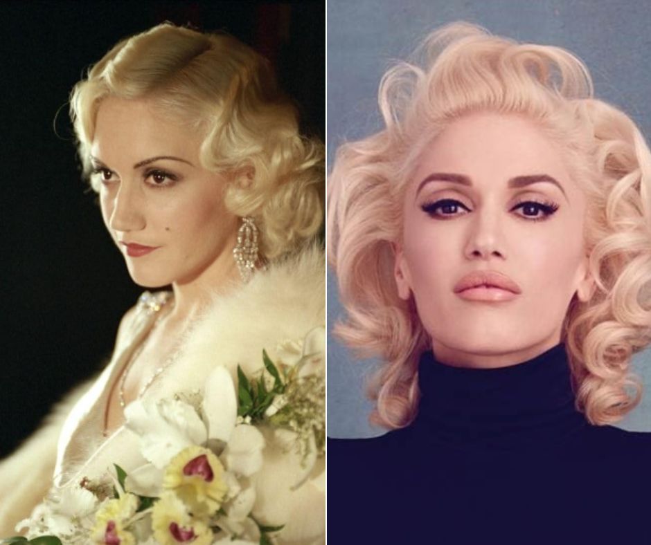 A side-by-side image featuring a woman with platinum blonde, wavy hair styled in a retro look. The left image shows her wearing glamorous makeup and elegant clothing, holding a floral bouquet. The right image shows her with a fresh-faced look in a turtleneck.