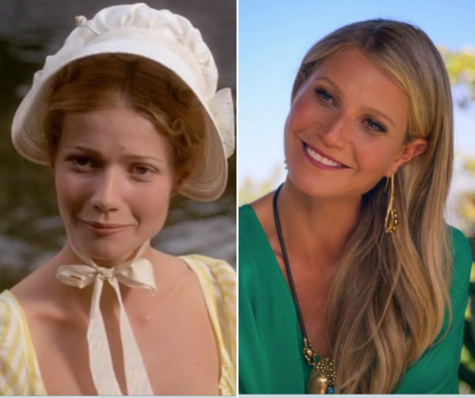 Split image showing a woman in two different scenarios. On the left, she's in period attire with a white bonnet against a natural background. On the right, she has long blonde hair, wearing modern clothing with earrings, smiling outdoors in natural light.