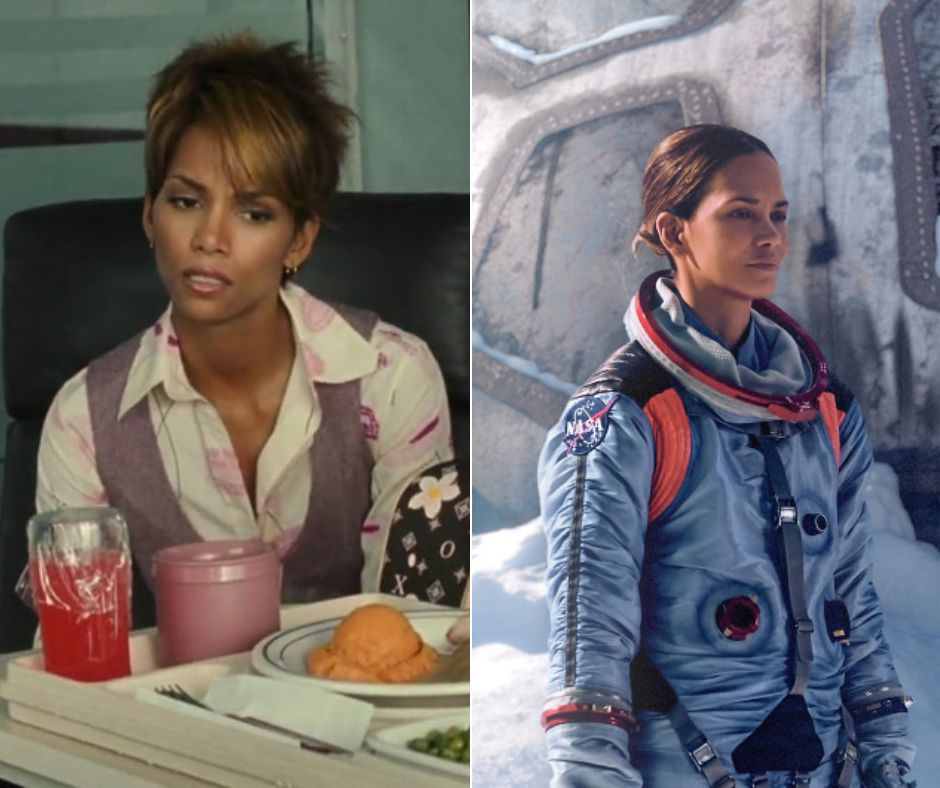 A split image shows a woman in two different roles. On the left, she wears a floral blouse and vest, seated at a table with food and drinks. On the right, she is in space gear, standing in a snowy environment with a NASA logo on her suit.