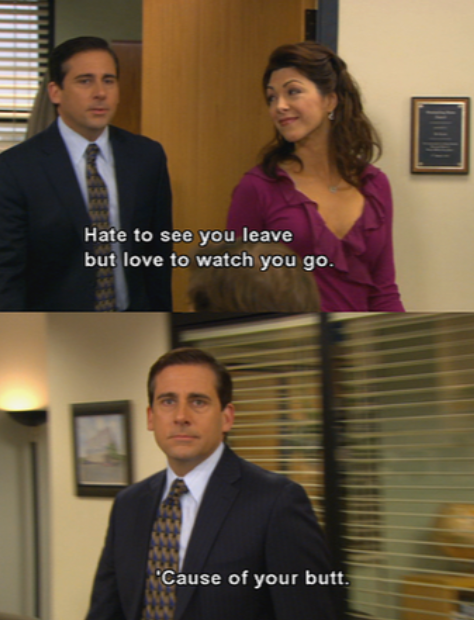 A man in a suit is looking at a woman as she walks away in the top image, with subtitles saying "Hate to see you leave but love to watch you go." In the bottom image, the man faces forward, and the subtitles read "'Cause of your butt.