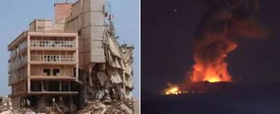 On the left, a severely damaged multi-story building with debris scattered around. People are seen examining the scene. On the right, a distant view of a mountain at night with a large fire and smoke plume, likely from an eruption or wildfire.