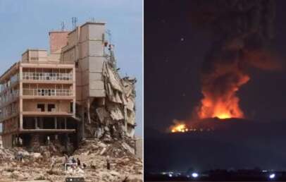 On the left, a severely damaged multi-story building with debris scattered around. People are seen examining the scene. On the right, a distant view of a mountain at night with a large fire and smoke plume, likely from an eruption or wildfire.