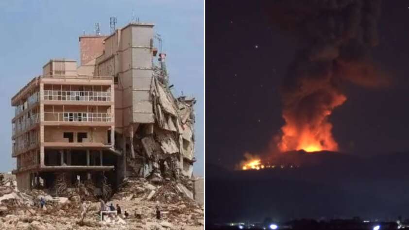 On the left, a severely damaged multi-story building with debris scattered around. People are seen examining the scene. On the right, a distant view of a mountain at night with a large fire and smoke plume, likely from an eruption or wildfire.