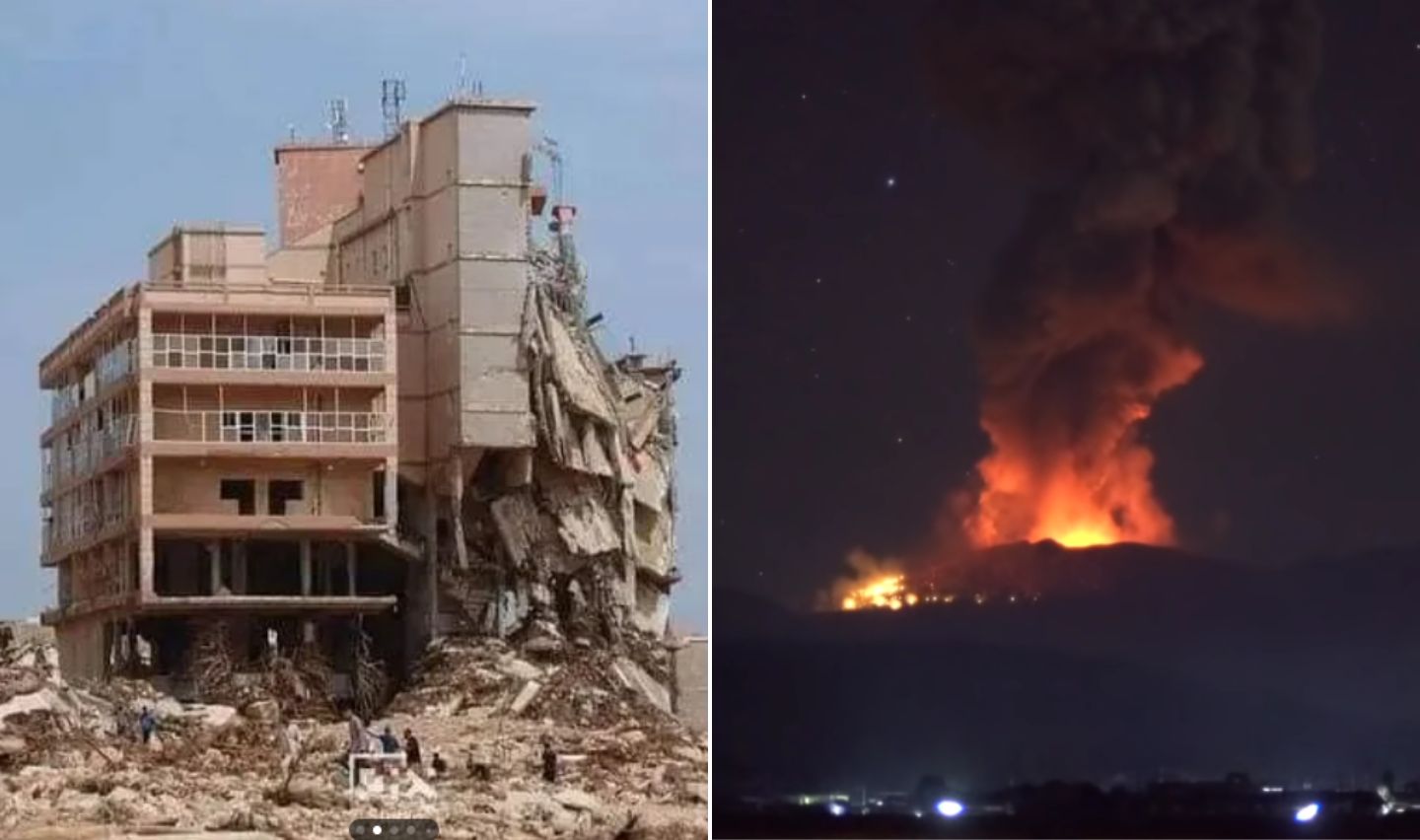 On the left, a severely damaged multi-story building with debris scattered around. People are seen examining the scene. On the right, a distant view of a mountain at night with a large fire and smoke plume, likely from an eruption or wildfire.