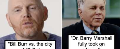 The image contains two side-by-side photos. The left shows a man with a bald head and beard labeled "Bill Burr vs. the city of Philly." The right shows an older man with short hair in a suit labeled "Dr. Barry Marshall fully took on ulcers.