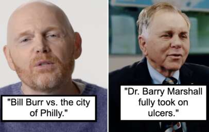 The image contains two side-by-side photos. The left shows a man with a bald head and beard labeled "Bill Burr vs. the city of Philly." The right shows an older man with short hair in a suit labeled "Dr. Barry Marshall fully took on ulcers.