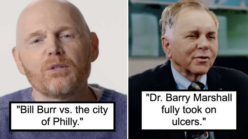 The image contains two side-by-side photos. The left shows a man with a bald head and beard labeled "Bill Burr vs. the city of Philly." The right shows an older man with short hair in a suit labeled "Dr. Barry Marshall fully took on ulcers.