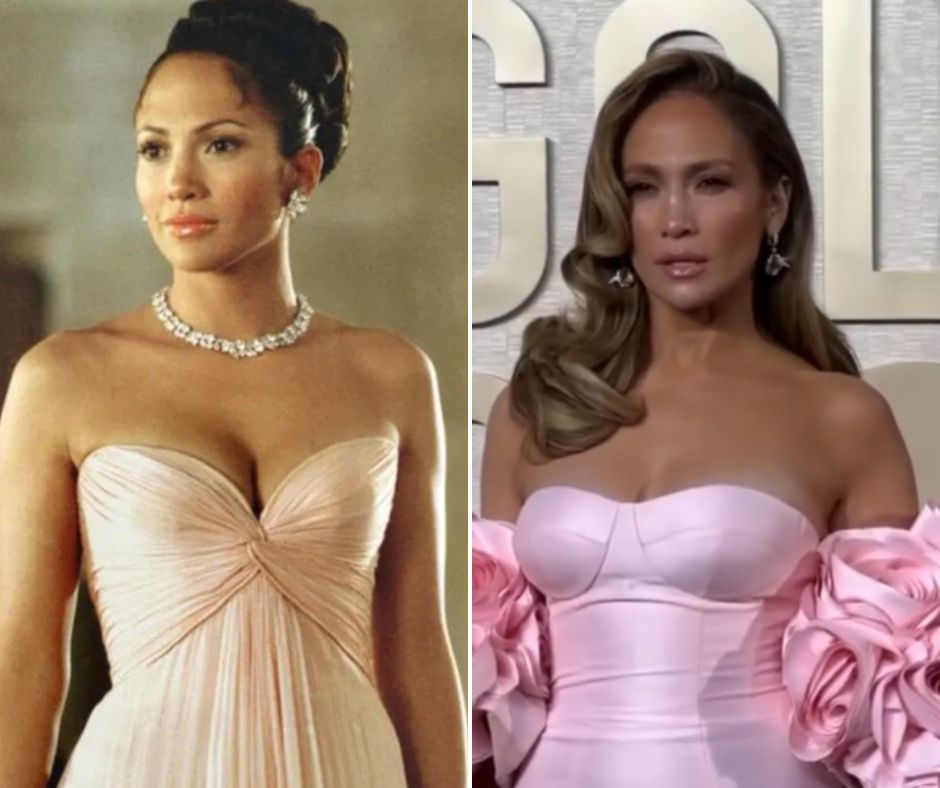 Two side-by-side images of the same woman. On the left, she wears a strapless pale pink gown and an elegant updo hairstyle. On the right, she is in a strapless pink dress with large, ruffled sleeves and her hair down in waves.