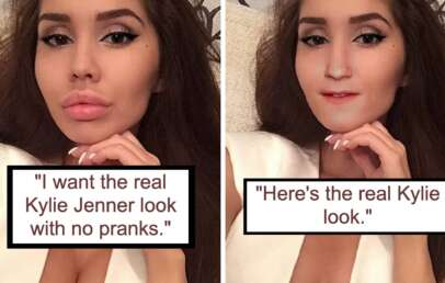 Split image with a young woman on both sides. The left side includes the text "I want the real Kylie Jenner look with no pranks," showing the woman with makeup. The right side reads "Here's the real Kylie look," featuring the woman with a digitally altered baby’s face.