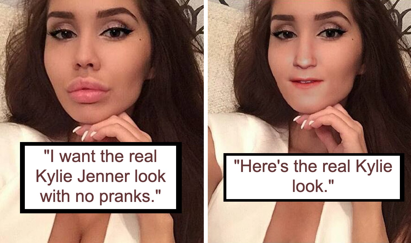 Split image with a young woman on both sides. The left side includes the text "I want the real Kylie Jenner look with no pranks," showing the woman with makeup. The right side reads "Here's the real Kylie look," featuring the woman with a digitally altered baby’s face.