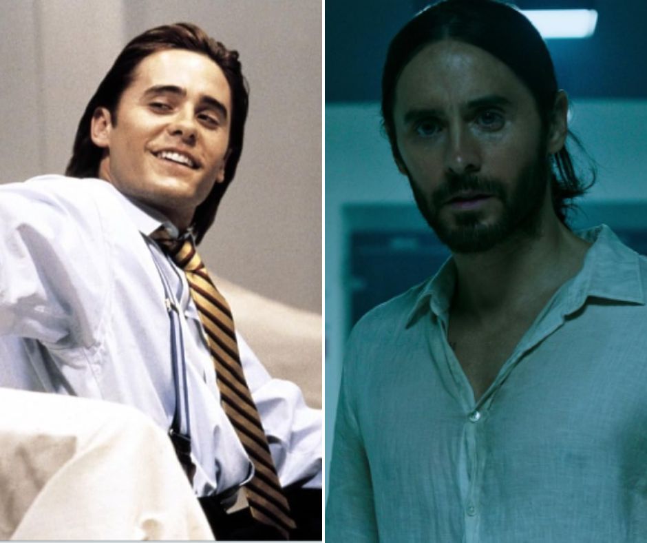 A split image shows the same actor in two different roles. On the left, he is clean-shaven, wearing a white shirt with suspenders and a striped tie, smiling. On the right, he has a beard, long hair tied back, and wears a light-colored shirt, looking serious.