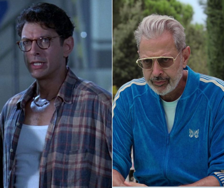 Side-by-side images of a person. Left: The person is wearing round glasses, a plaid shirt over a white tank top, and looks surprised. Right: The same person, older with gray hair and a beard, wearing sunglasses and a blue tracksuit, looking contemplative.