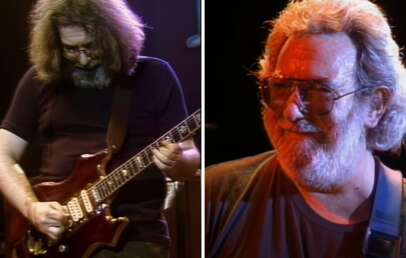 Side-by-side images of the same man playing guitar and smiling. On the left, he has long, curly hair and wears glasses, playing an electric guitar on stage. On the right, he has gray hair, a beard, and glasses, smiling and wearing a black T-shirt.