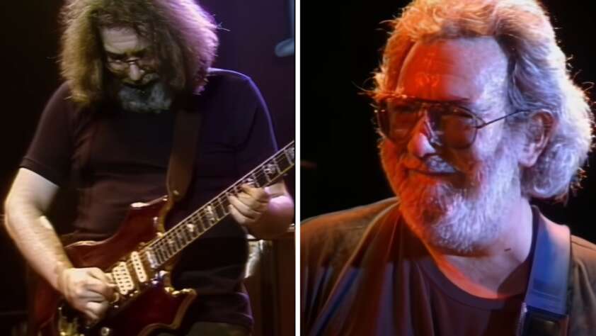 Side-by-side images of the same man playing guitar and smiling. On the left, he has long, curly hair and wears glasses, playing an electric guitar on stage. On the right, he has gray hair, a beard, and glasses, smiling and wearing a black T-shirt.