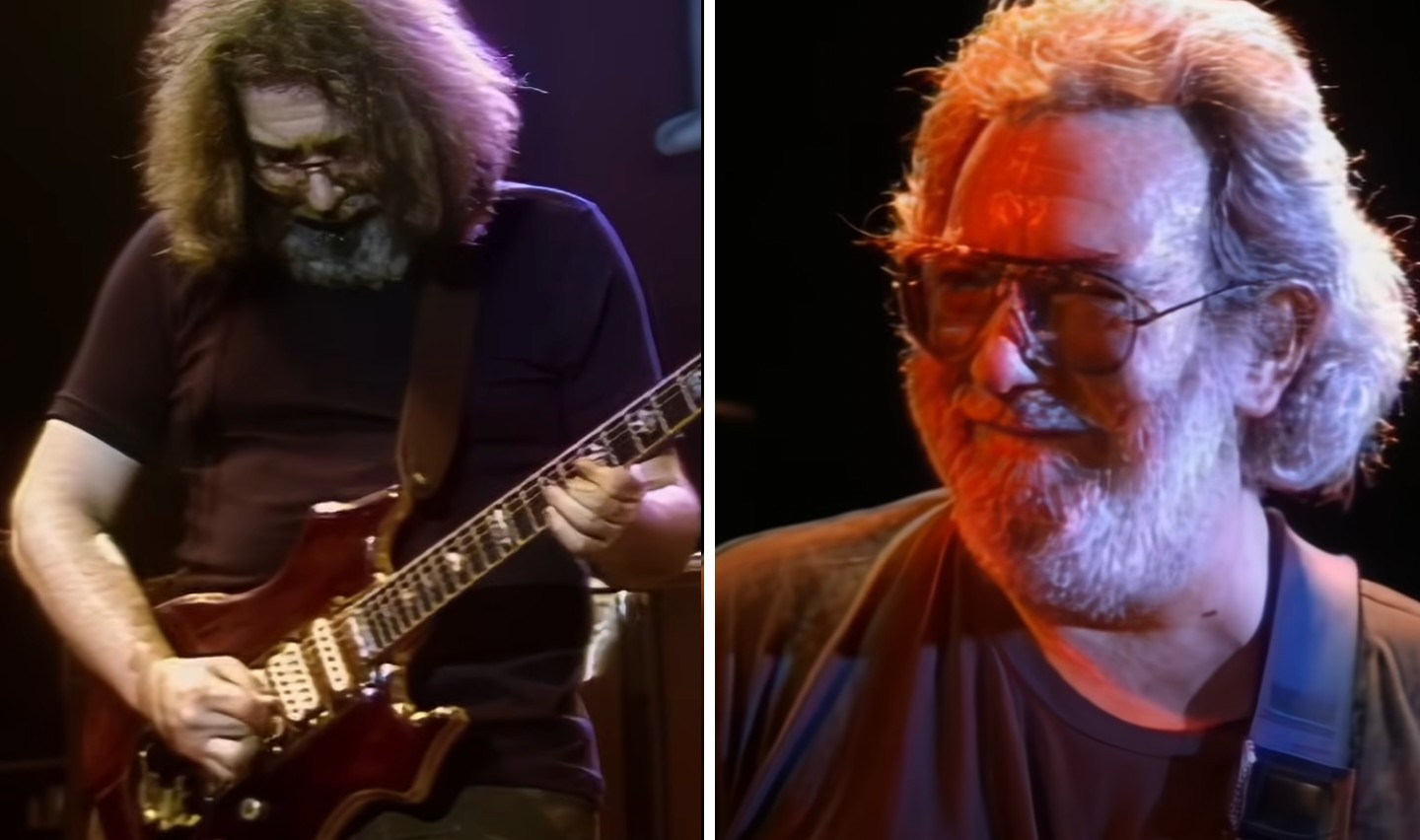 Side-by-side images of the same man playing guitar and smiling. On the left, he has long, curly hair and wears glasses, playing an electric guitar on stage. On the right, he has gray hair, a beard, and glasses, smiling and wearing a black T-shirt.