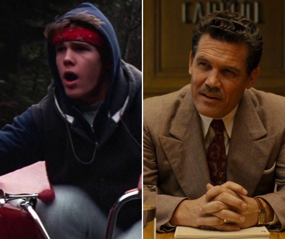 In a split image, the left side features a young man wearing a red bandana and hoodie, riding a bike outdoors. The right side shows a mature man in a suit and tie, seated at a desk with hands clasped, conveying a serious demeanor in an office setting.