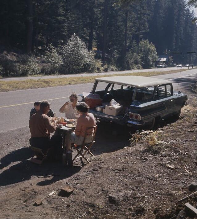 A family of four sits on small folding chairs around a makeshift table, having a roadside picnic next to a classic station wagon. The car is parked on a dirt shoulder near a forested road. The trunk is open, revealing luggage and picnic supplies.