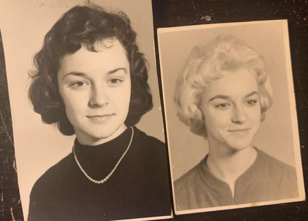 A sepia-tone photograph featuring two separate headshots of women with short curly hair. Both are dressed in modest, mid-20th-century attire. The woman on the left wears a dark top with a string of pearls, and the woman on the right is in a lighter garment.