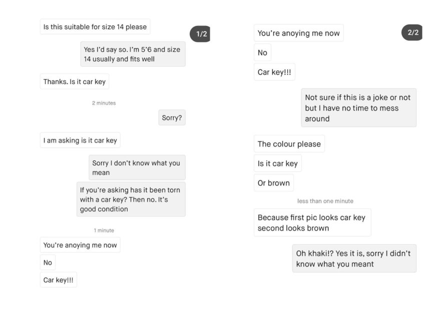 A text conversation showing a misunderstanding. Person 1 asks if an item is suitable for a size 14 and mentions car key multiple times. Person 2 tries to clarify and provide help, leading to confusion over the term "car key," which is resolved by the mention of "khaki.