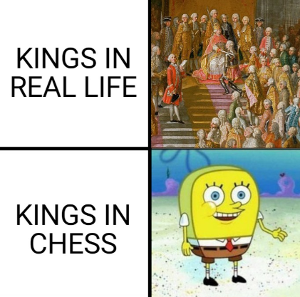 A meme with two panels. The top panel has an ornate painting of a regal king surrounded by courtiers, captioned "KINGS IN REAL LIFE." The bottom panel shows a goofy, pixelated picture of SpongeBob SquarePants captioned "KINGS IN CHESS.