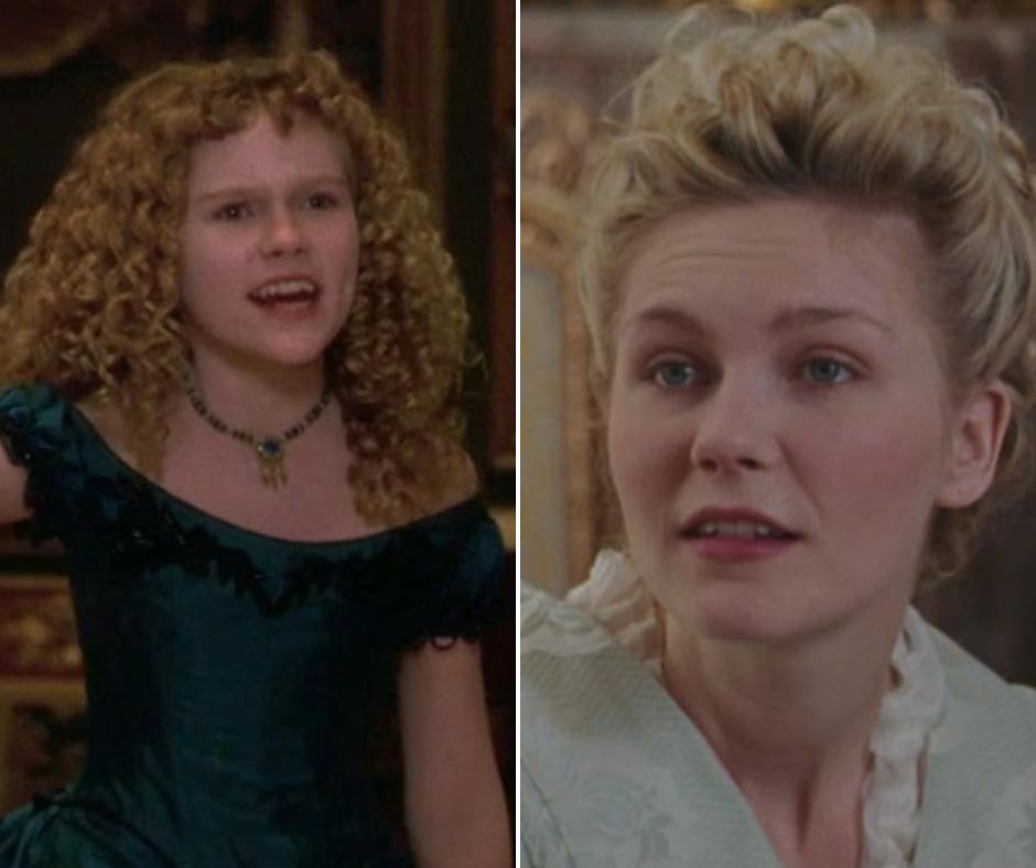 A side-by-side image showing a young girl with curly blonde hair wearing a dark blue dress on the left, and on the right, the same person older with slightly curly blonde hair pulled back and wearing a light-colored dress. Both are in historical settings.