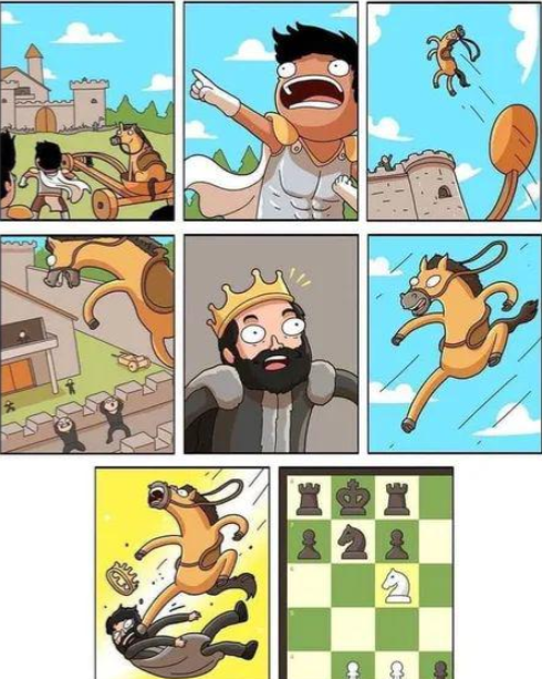 A comical comic strip shows a horse in a chess piece form causing chaos. It disrupts a medieval scene, kicks people, and eventually knocks off a king wearing a crown. The final panel reveals they are on a chessboard with the horse as a knight checkmating the king.