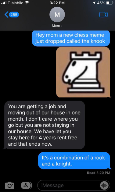 A conversation in a messaging app: The user texts their mom about a new chess piece, "the knook," combining a rook and a knight, with an image of the piece. The mom replies, saying the user must get a job and move out within a month, after living rent-free for four years.