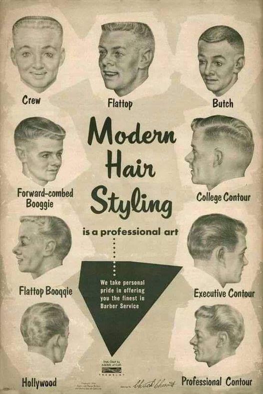 A vintage poster titled "Modern Hair Styling" depicts nine men's haircut styles: Crew, Flattop, Butch, Forward-combed Boogie, College Contour, Flattop Boogie, Executive Contour, Hollywood, and Professional Contour. Each style is illustrated with a detailed sketch.