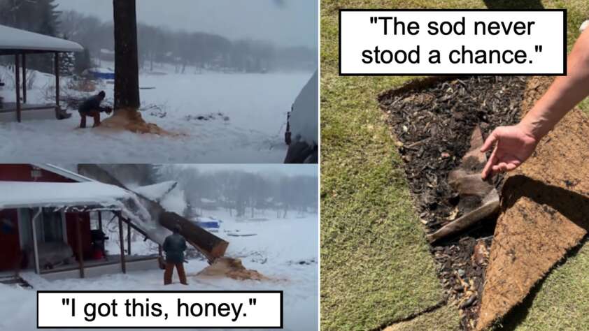 Left images: A split image shows the sequence of a man cutting down a tree that crashes onto a house; captions read "I got this, honey." Right image: A hand holding a dead gopher uprooted with a large piece of sod; caption reads "The sod never stood a chance.