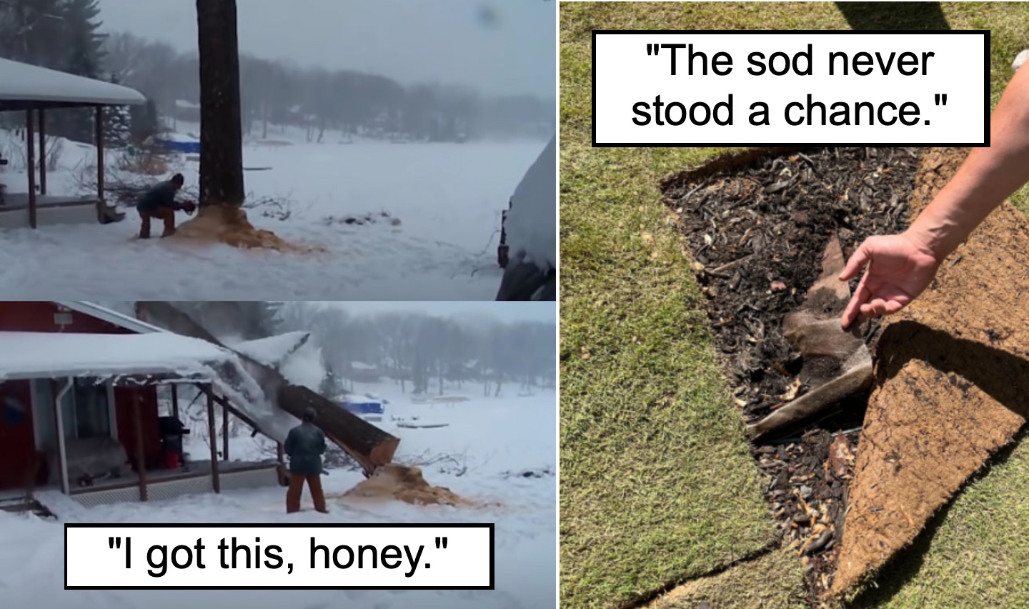 Left images: A split image shows the sequence of a man cutting down a tree that crashes onto a house; captions read "I got this, honey." Right image: A hand holding a dead gopher uprooted with a large piece of sod; caption reads "The sod never stood a chance.