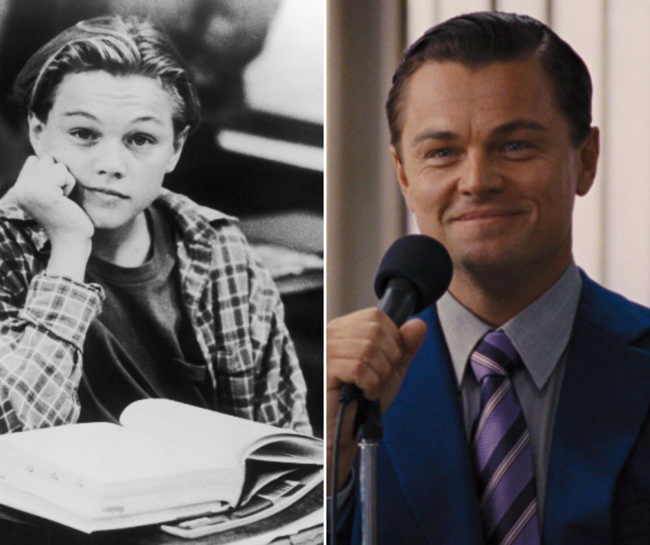 A photo collage depicts a younger individual on the left, wearing a checkered shirt and resting their head on their hand in a classroom setting. The right image shows the same person older, dressed in a suit and tie, smiling while holding a microphone.