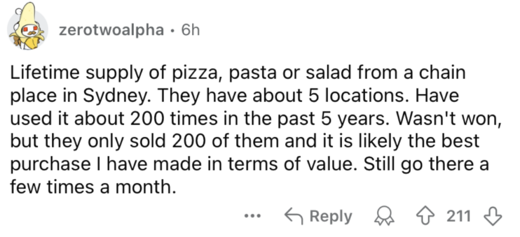 A Reddit post by user "zerotwoalpha" describes the lifetime supply of pizza, pasta, or salad they won from a chain in Sydney with five locations. They've used it about 200 times in the last five years, noting it as their best value purchase, and still visit a few times a month.