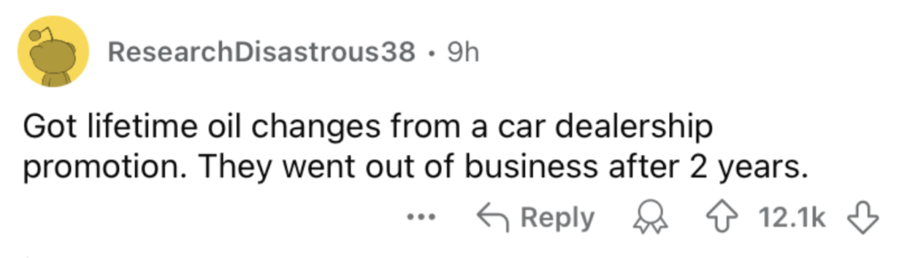 A Reddit comment from user "ResearchDisastrous38" reads: "Got lifetime oil changes from a car dealership promotion. They went out of business after 2 years." The post has 12.1k upvotes, a reply option, and an upvote and downvote button.