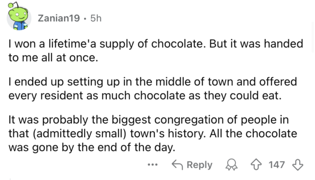 A Reddit post by user Zanian19 reads: "I won a lifetime's supply of chocolate. But it was handed to me all at once. I ended up setting up in the middle of town and offered every resident as much chocolate as they could eat. It was probably the biggest congregation of people in that (admittedly small) town's history. All the chocolate was gone by the end of the day." The post has 147 upvotes and a few replies.