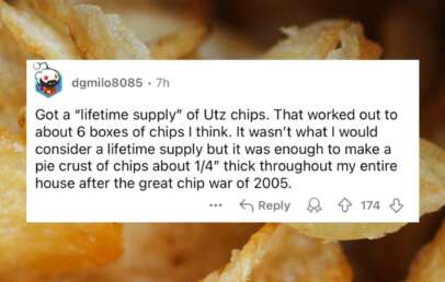 A Reddit post by user "dgmilo8085" talking about receiving a "lifetime supply" of Utz chips, amounting to about 6 boxes. The user humorously notes it wasn't a true lifetime supply but was enough to cover the house in a 1/4" thick layer of chips during the "great chip war of 2005.