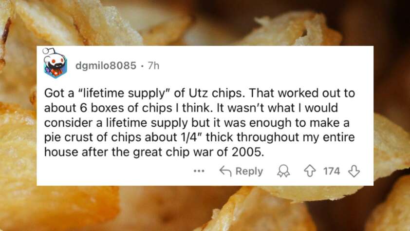 A Reddit post by user "dgmilo8085" talking about receiving a "lifetime supply" of Utz chips, amounting to about 6 boxes. The user humorously notes it wasn't a true lifetime supply but was enough to cover the house in a 1/4" thick layer of chips during the "great chip war of 2005.