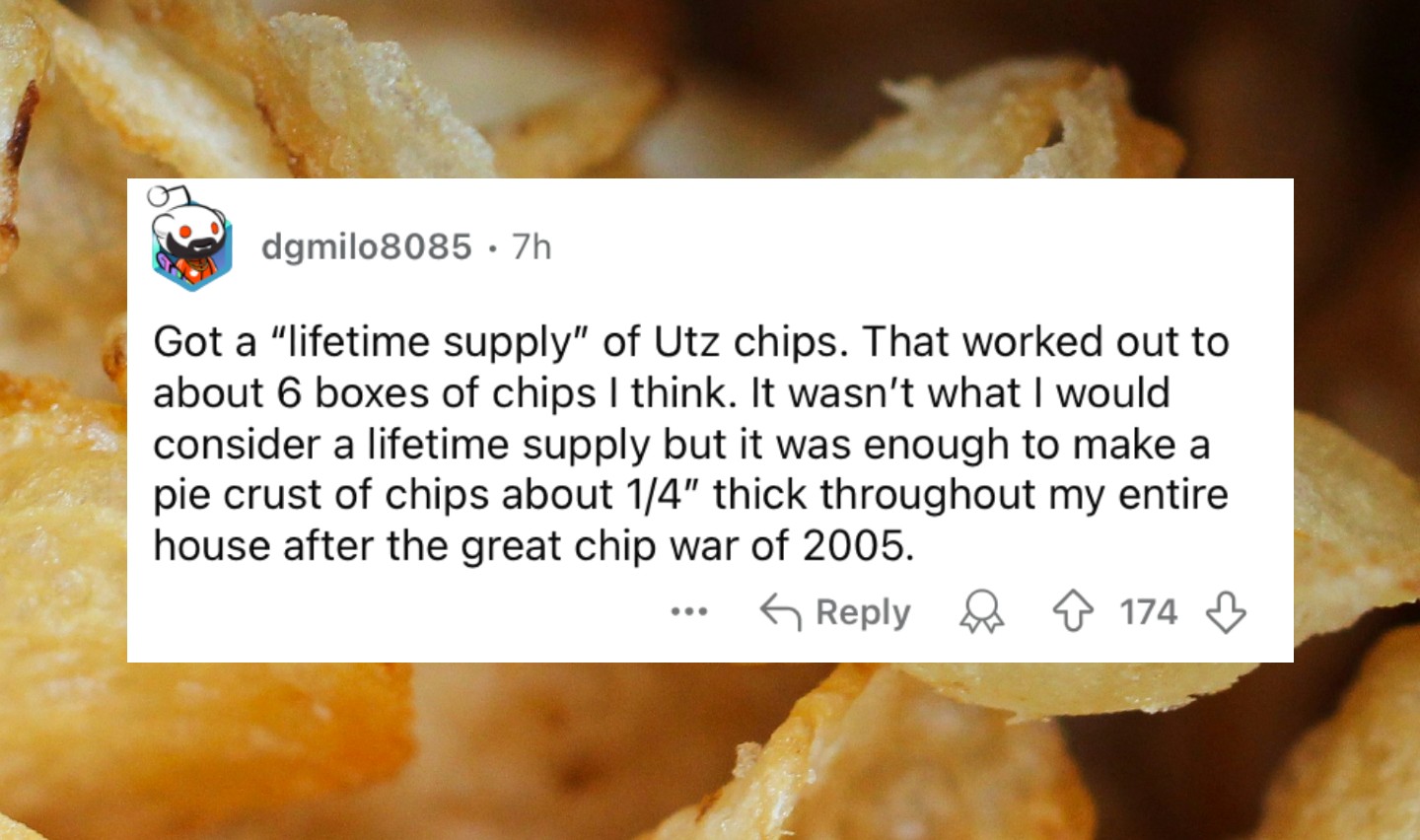 A Reddit post by user "dgmilo8085" talking about receiving a "lifetime supply" of Utz chips, amounting to about 6 boxes. The user humorously notes it wasn't a true lifetime supply but was enough to cover the house in a 1/4" thick layer of chips during the "great chip war of 2005.