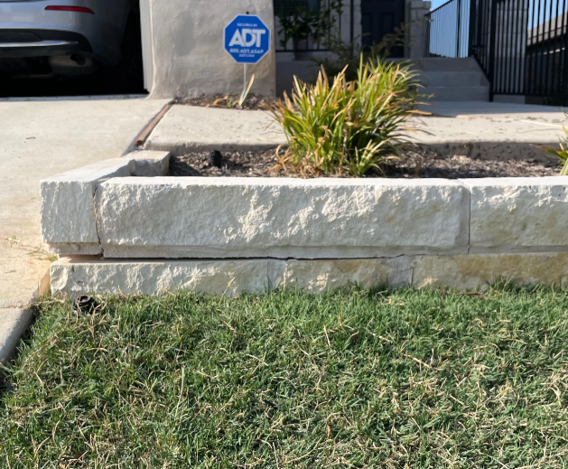 A small garden bed with stone edging contains sparse greenery and soil. Grass fronts the bed, and in the background is a driveway with a vehicle and an ADT security sign. Steps lead up to a house entrance next to the garden bed.