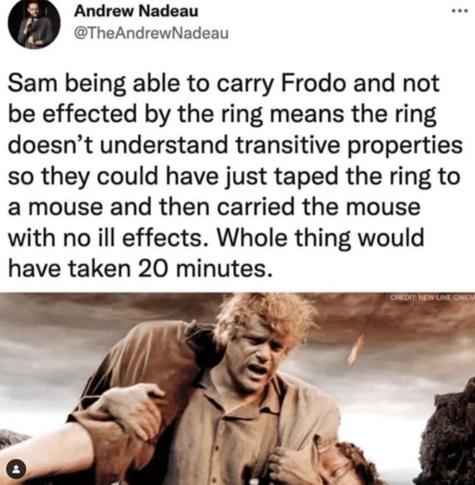 A tweet by Andrew Nadeau with a photo of Sam carrying Frodo from "The Lord of the Rings." The tweet humorously suggests that since Sam could carry Frodo without the ring's effects, they could have taped the ring to a mouse and carried it, finishing the journey in 20 minutes.