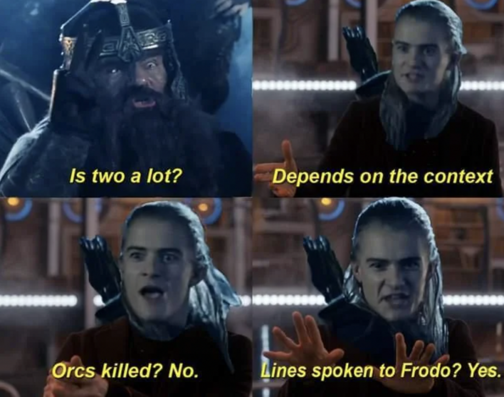 A four-panel meme featuring characters from "The Lord of the Rings." The first panel shows Gimli asking, "Is two a lot?" The second panel shows Legolas responding, "Depends on the context." The third panel has Legolas saying, "Orcs killed? No." The fourth panel reads, "Lines spoken to Frodo? Yes.