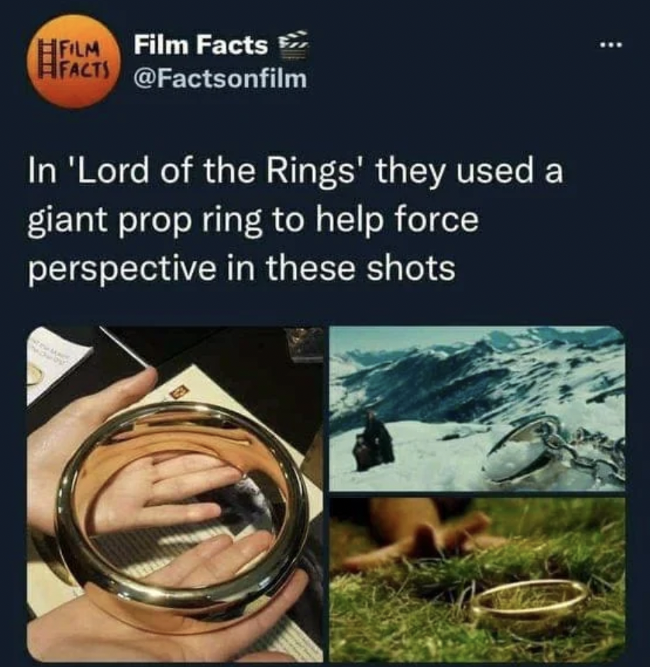 A screenshot from @FactsOnFilm Twitter account sharing a film fact about 'Lord of the Rings'. The tweet explains that a giant prop ring was used to create forced perspective in the films. Attached are three images: a giant ring held by hands, a scene in snowy mountains, and close-up of the ring in the grass.