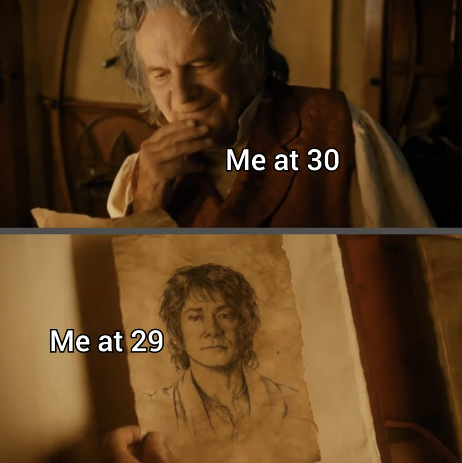 Two image frames from a movie. The top frame shows an older man smiling while looking at something off-screen, labeled "Me at 30." The bottom frame shows a close-up of a hand holding a sketch of a younger man, labeled "Me at 29.