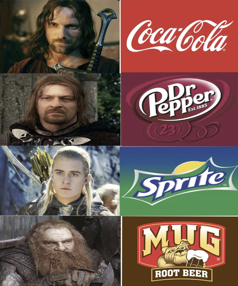 Four characters from "The Lord of the Rings" are paired with soda brands. From top to bottom: Aragorn with Coca-Cola, Boromir with Dr. Pepper, Legolas with Sprite, and Gimli with Mug Root Beer.